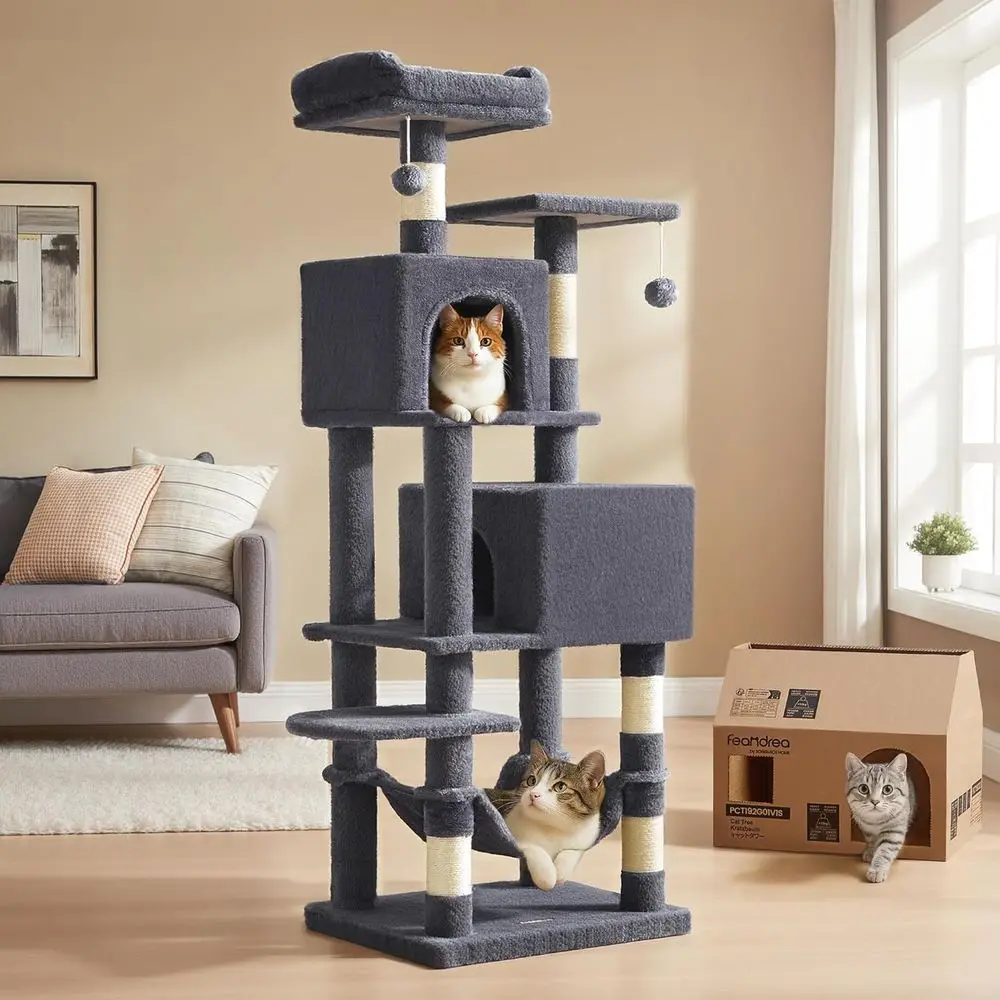 59.5-Inch Tall Multi-Level Cat Tower with Plush Condo, 5 Scratching Posts, 2 Perches, Caves, Hammock, Pompons, Smoky Gray
59.5-Inch Tall Multi-Level Cat Tower with Plush Condo, 5 Scratching Posts, 2 Perches, Caves, Hammock, Pompons, Smoky Gray