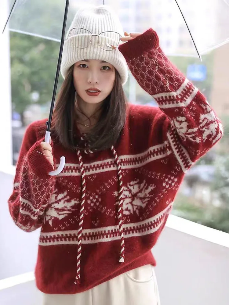 Autumn/Winter New 100% Wool Cashmere Sweater Women's Hooded Collar Loose Thicken Knit Pullover Christmas New Year Gift Sweater
Autumn/Winter New 100% Wool Cashmere Sweater Women's Hooded Collar Loose Thicken Knit Pullover Christmas New Year Gift Sweater