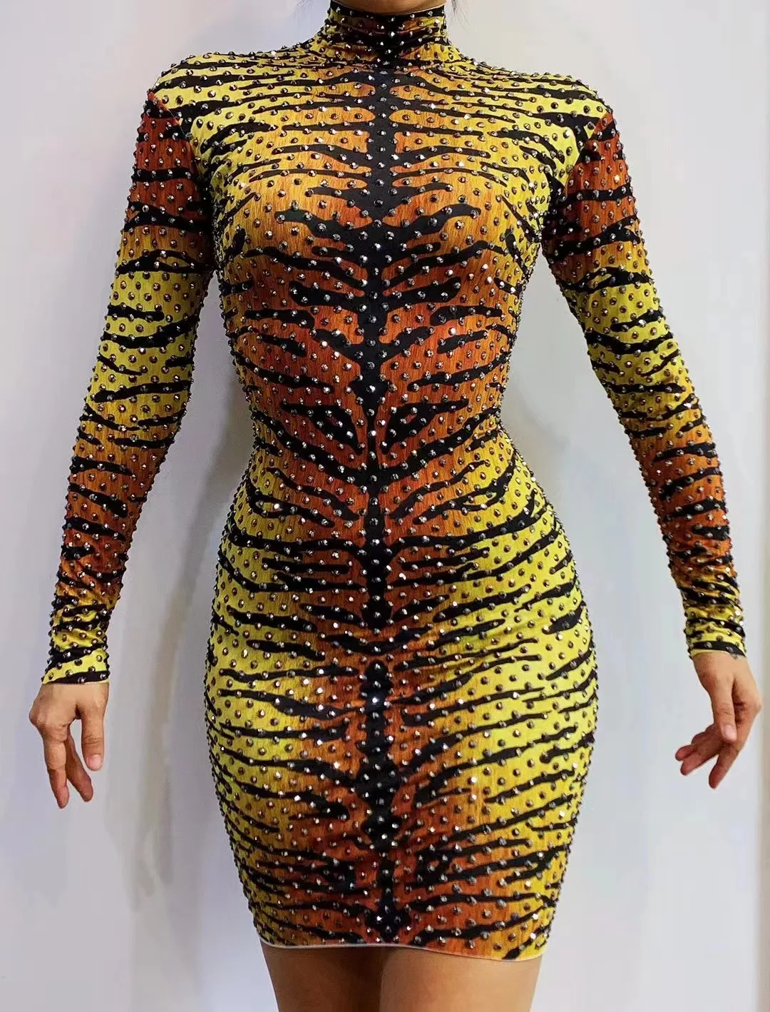 AK Performance Dress Nightclub Bar Female Singer Full Diamond Tiger Print High Neck Long Sleeve Hip Wrap Short Skirt
AK Performance Dress Nightclub Bar Female Singer Full Diamond Tiger Print High Neck Long Sleeve Hip Wrap Short Skirt
