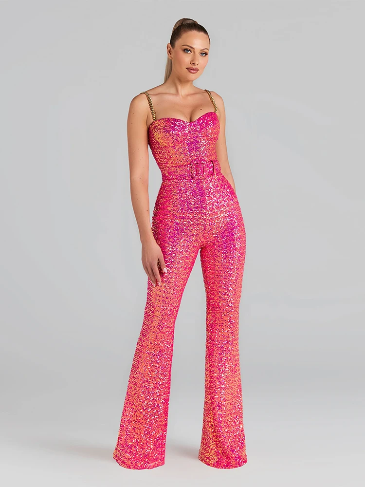 2023 New Summer Women's Sexy Sleeveless V-Neck Open Back Chain Belt Tight Pink Long Jumpsuit Celebrity Party Jumpsuit
2023 New Summer Women's Sexy Sleeveless V-Neck Open Back Chain Belt Tight Pink Long Jumpsuit Celebrity Party Jumpsuit