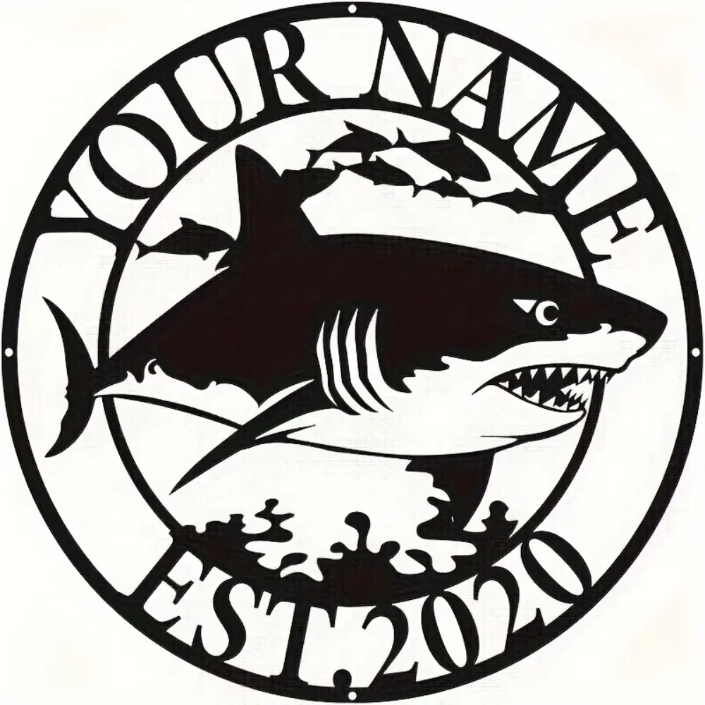 Exclusive Custom Shark - Themed Metal Wall Art. Personalizable Name Sign, Black Circular. Reusable Marine Design.
Exclusive Custom Shark - Themed Metal Wall Art. Personalizable Name Sign, Black Circular. Reusable Marine Design.