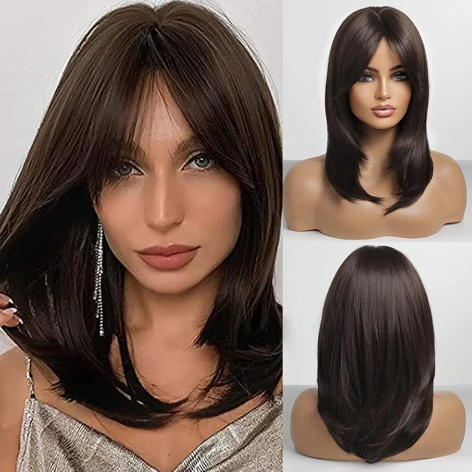 Dark Brown Wig with Bangs Medium Length Layered Hair Wig for Women Heat Safe
Dark Brown Wig with Bangs Medium Length Layered Hair Wig for Women Heat Safe