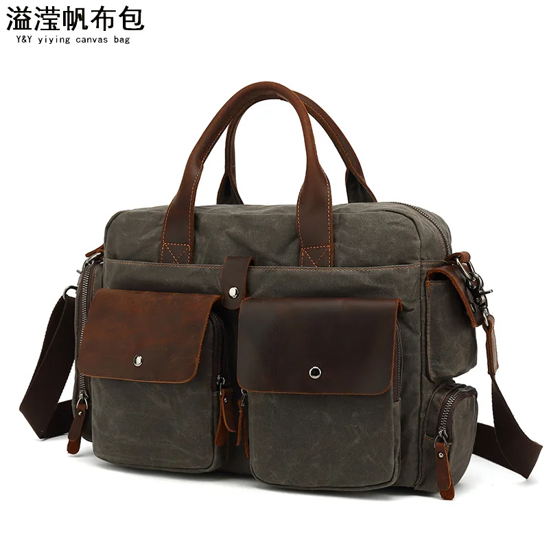 Portable shoulder bag, men's business document oblique span bag, outdoor travel computer bag, canvas with mad horse leather trav
Portable shoulder bag, men's business document oblique span bag, outdoor travel computer bag, canvas with mad horse leather trav