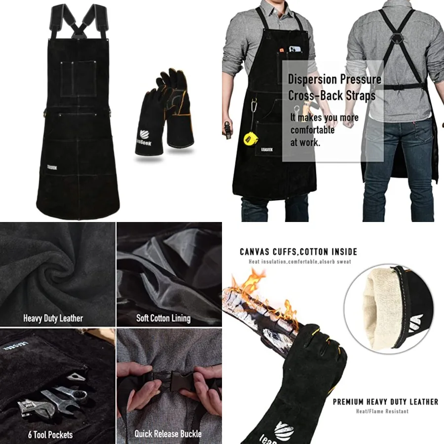 LeaSeek Leather Welding Apron, Heat Flame-Resistant Heavy Duty Work Apron with 6 Pockets, Woodworking Shop Apron
LeaSeek Leather Welding Apron, Heat Flame-Resistant Heavy Duty Work Apron with 6 Pockets, Woodworking Shop Apron