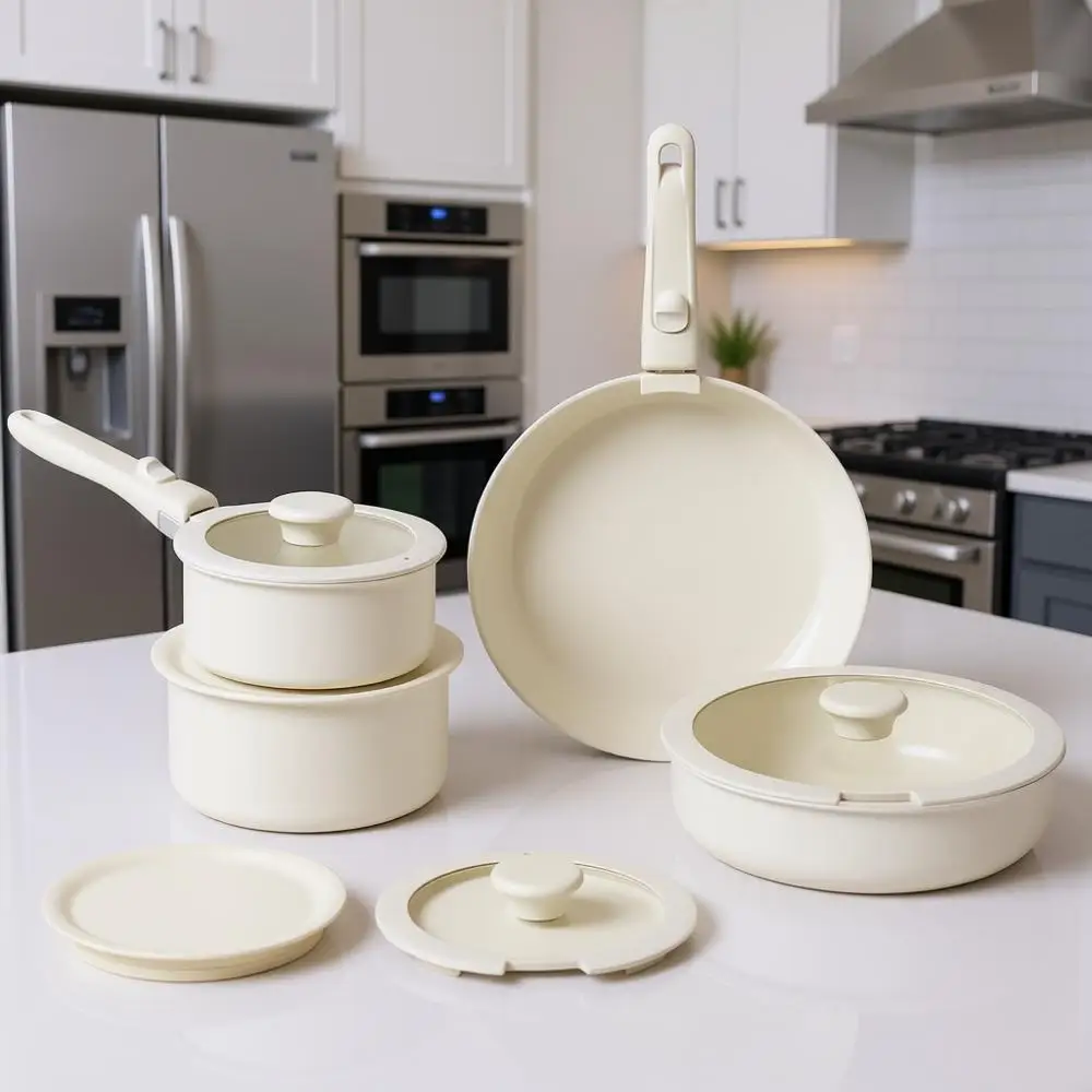 Набор посуды из 11 предметов с антипригарным покрытием, со съемными ручками, штабелируемый, подходит для всех типов плит, включает кастрюлю, сковороду, цвет слоновая кость
Набор посуды из 11 предметов с антипригарным покрытием, со съемными ручками, штабелируемый, подходит для всех типов плит, включает кастрюлю, сковороду, цвет слоновая кость