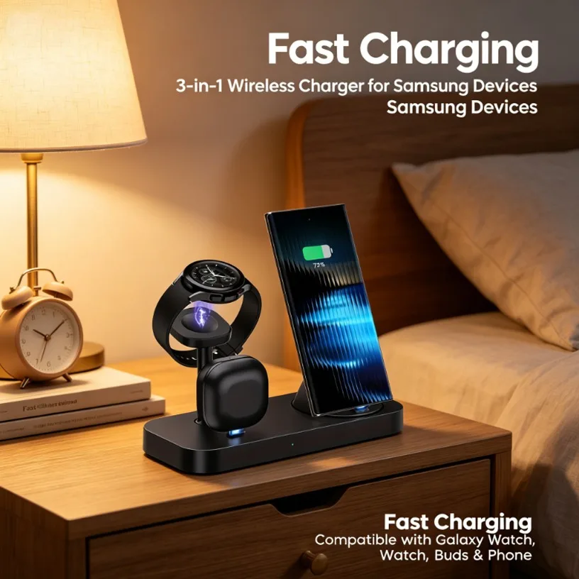 3 in 1 Wireless Charging Station Dual Coil Design 15W High Speed Charger Organizer for Desk Nightstand Samsung S24 S23 Devices
3 in 1 Wireless Charging Station Dual Coil Design 15W High Speed Charger Organizer for Desk Nightstand Samsung S24 S23 Devices