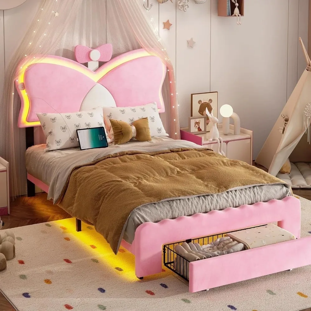 Twin Bed Frames with LED Lights and Storage Drawer, Upholstered Beds Frame Twin Size with Height Adjustable Butterfly Headboard
Twin Bed Frames with LED Lights and Storage Drawer, Upholstered Beds Frame Twin Size with Height Adjustable Butterfly Headboard