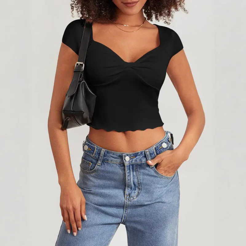 Black Sexy V-Neck Skinny T Shirts Women Summer Hot Sale Slim Fit Ruffles Cropped Tees Tops Streetwear Y2K Short Sleeve Tshirt
Black Sexy V-Neck Skinny T Shirts Women Summer Hot Sale Slim Fit Ruffles Cropped Tees Tops Streetwear Y2K Short Sleeve Tshirt