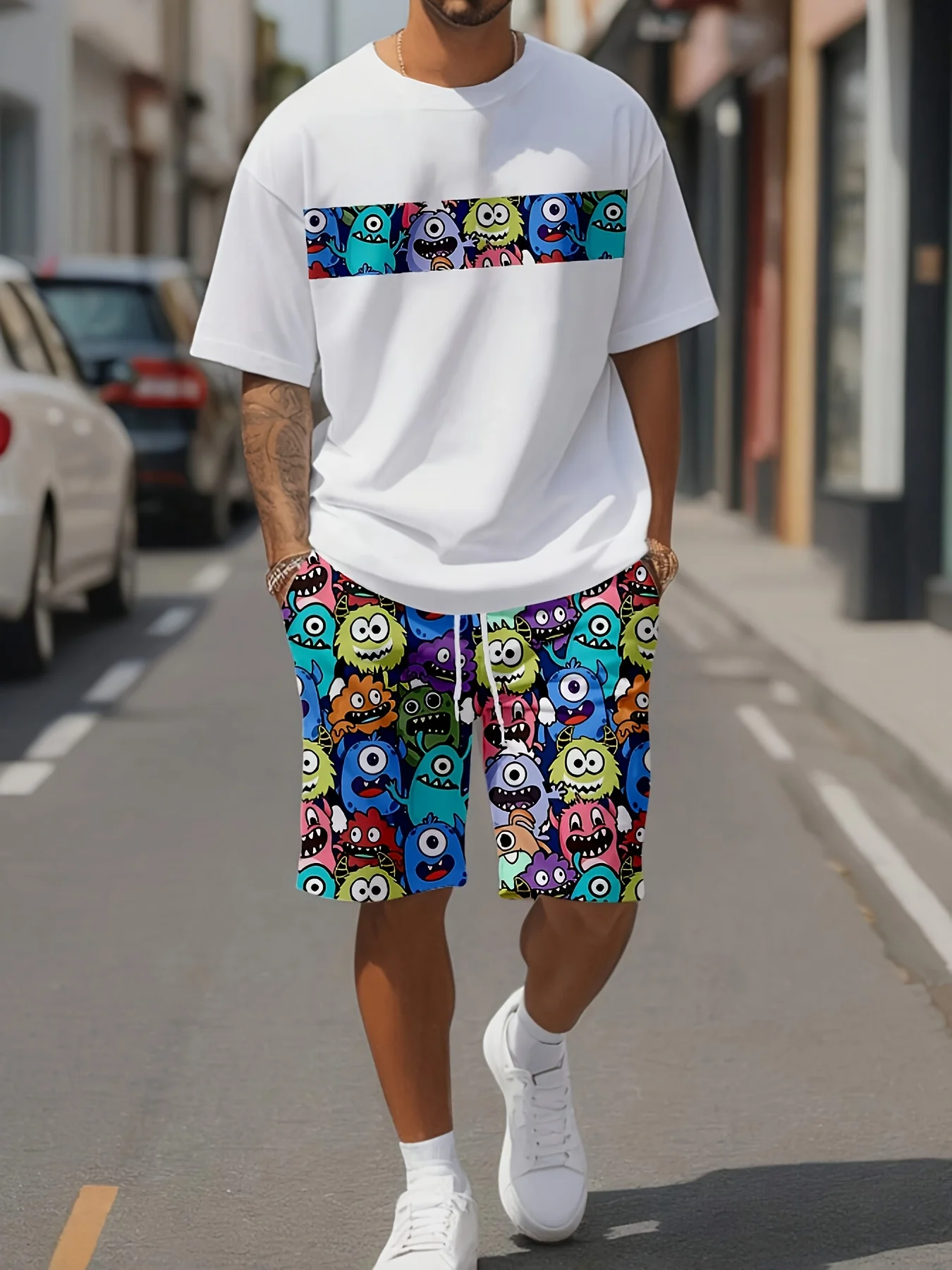Quirky Cartoon Print, Casual Short Sleeve T-Shirt and Polyester Drawstring Shorts - Machine Washable
Quirky Cartoon Print, Casual Short Sleeve T-Shirt and Polyester Drawstring Shorts - Machine Washable