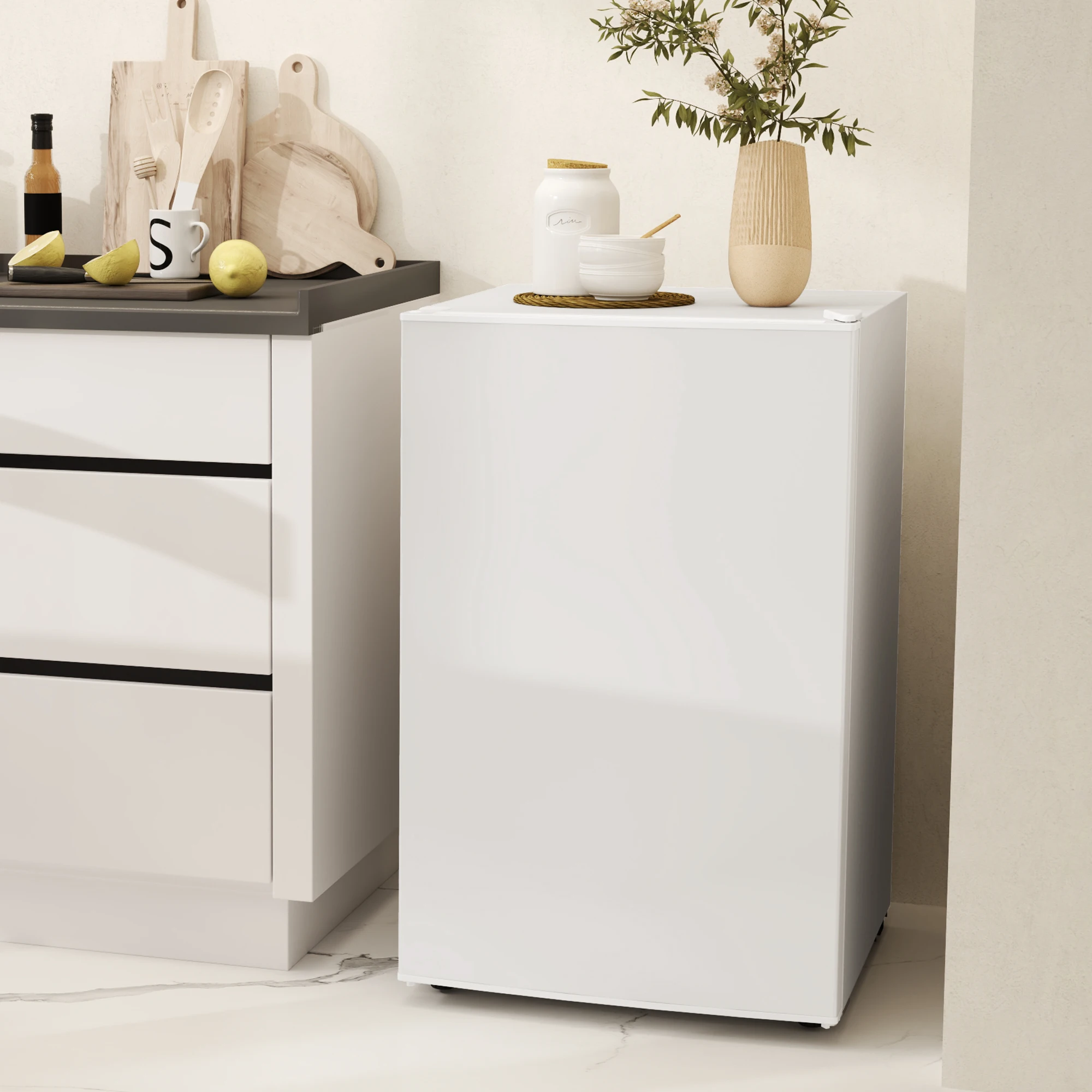 4.5 Cu.Ft Mini Fridge, Single Door Refrigerator with Freezer, Wheels, Adjustable Thermostat, Reversible Door, White
4.5 Cu.Ft Mini Fridge, Single Door Refrigerator with Freezer, Wheels, Adjustable Thermostat, Reversible Door, White