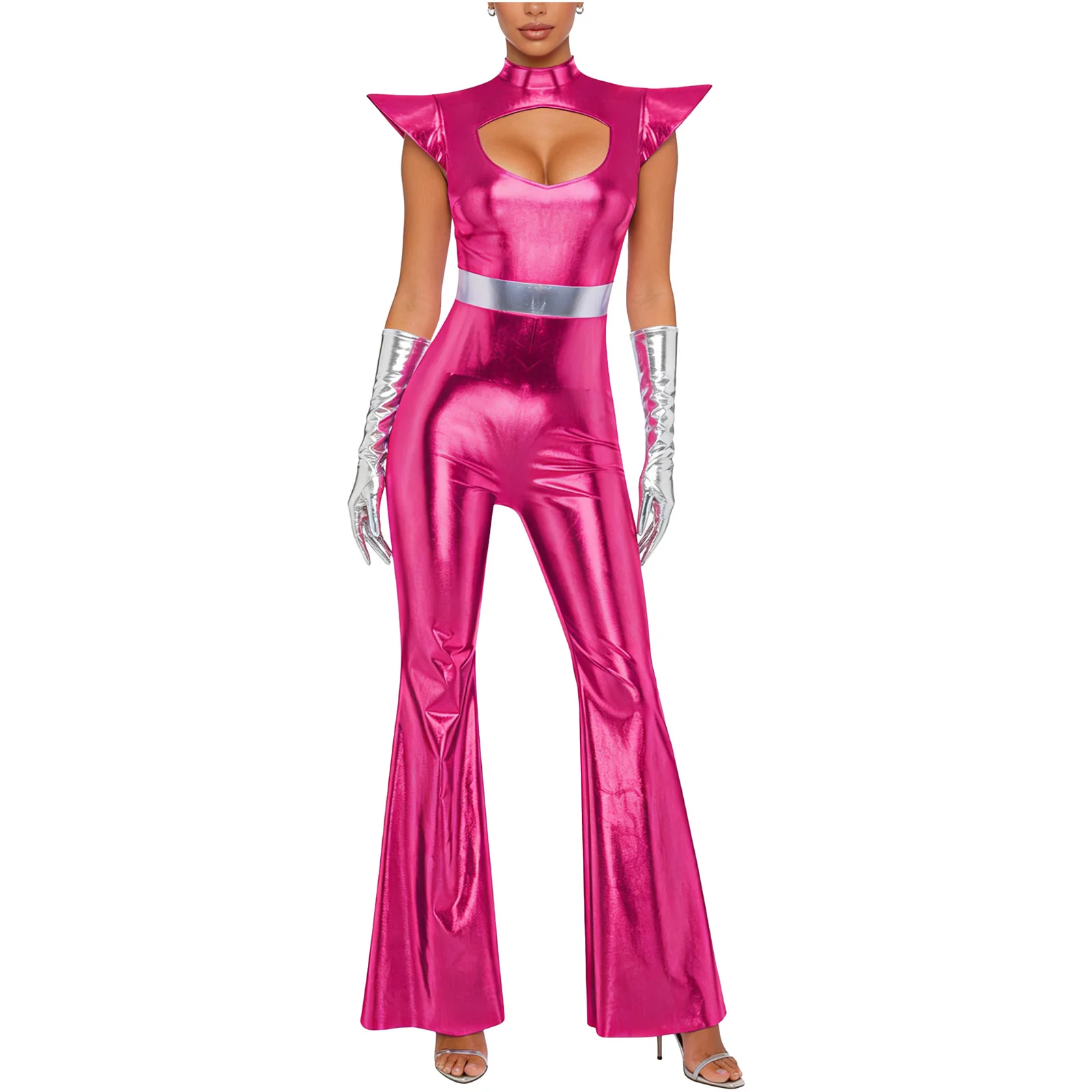 Women Metallic Jazz Disco Dance Jumpsuit with Gloves Cutout Chest Bell Bottom Pants Bodysuit for Halloween Space-themed Party
Women Metallic Jazz Disco Dance Jumpsuit with Gloves Cutout Chest Bell Bottom Pants Bodysuit for Halloween Space-themed Party