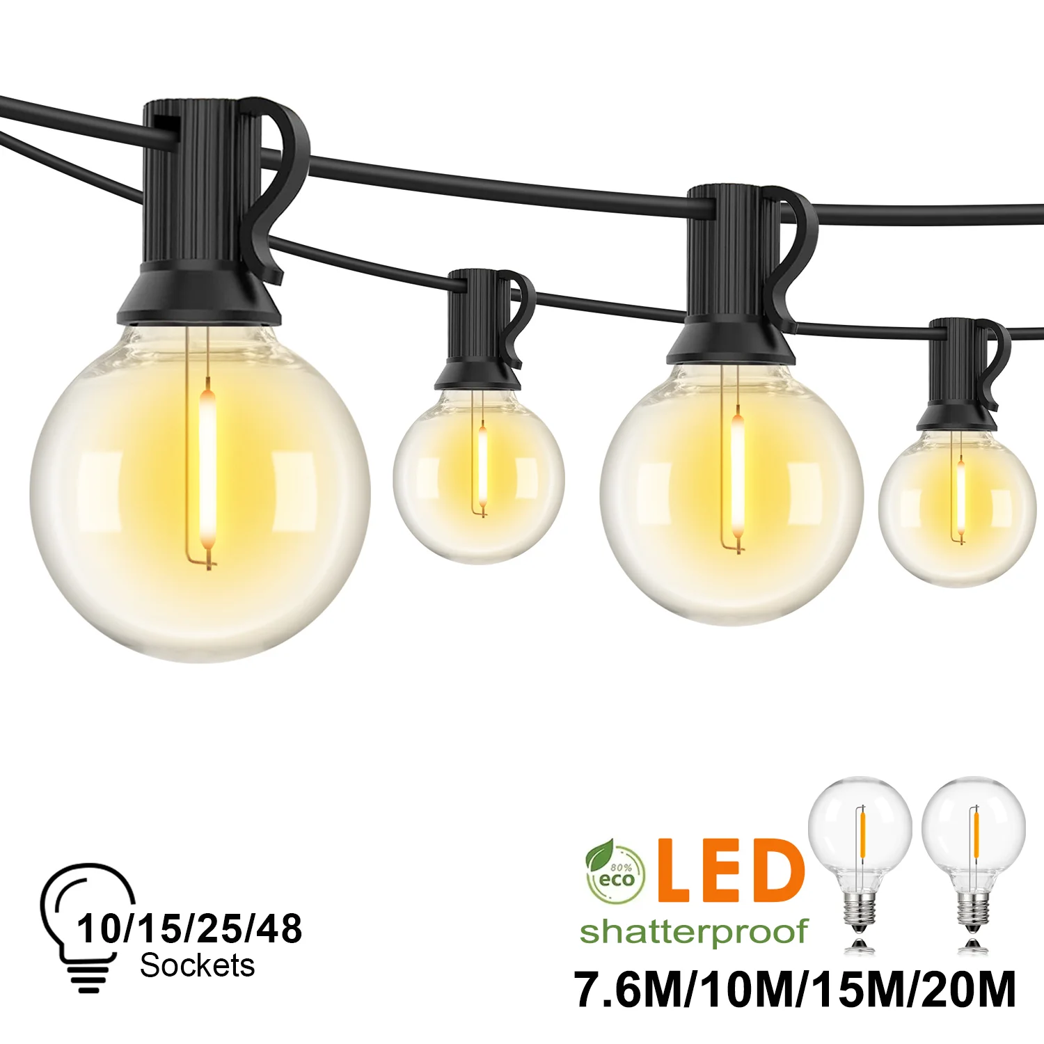 Shatterproof LED String Lights Outdoor G40 Plastic Waterproof Dimmable Connectable Garland Fairy Light Garland Patio Decoration
Shatterproof LED String Lights Outdoor G40 Plastic Waterproof Dimmable Connectable Garland Fairy Light Garland Patio Decoration