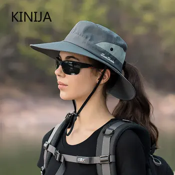 여성용 포니테일 어부 모자, 방수 썬 캡, 순수 색상, 야외 여행, 낚시, 등산, 하이킹, 큰 챙, 양동이 모자, 불확정