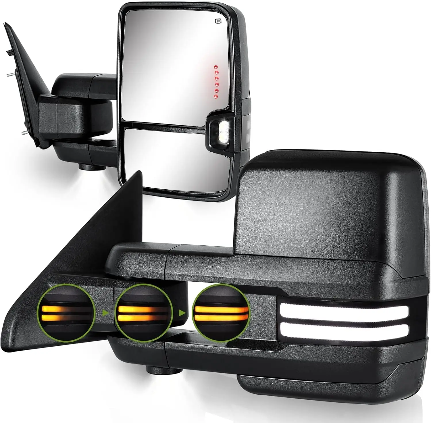 Towing Application, Glass Material, Textured Black Color, with Sequential Signal, Running, Backup and Puddle Lights, Extendable
Towing Application, Glass Material, Textured Black Color, with Sequential Signal, Running, Backup and Puddle Lights, Extendable
