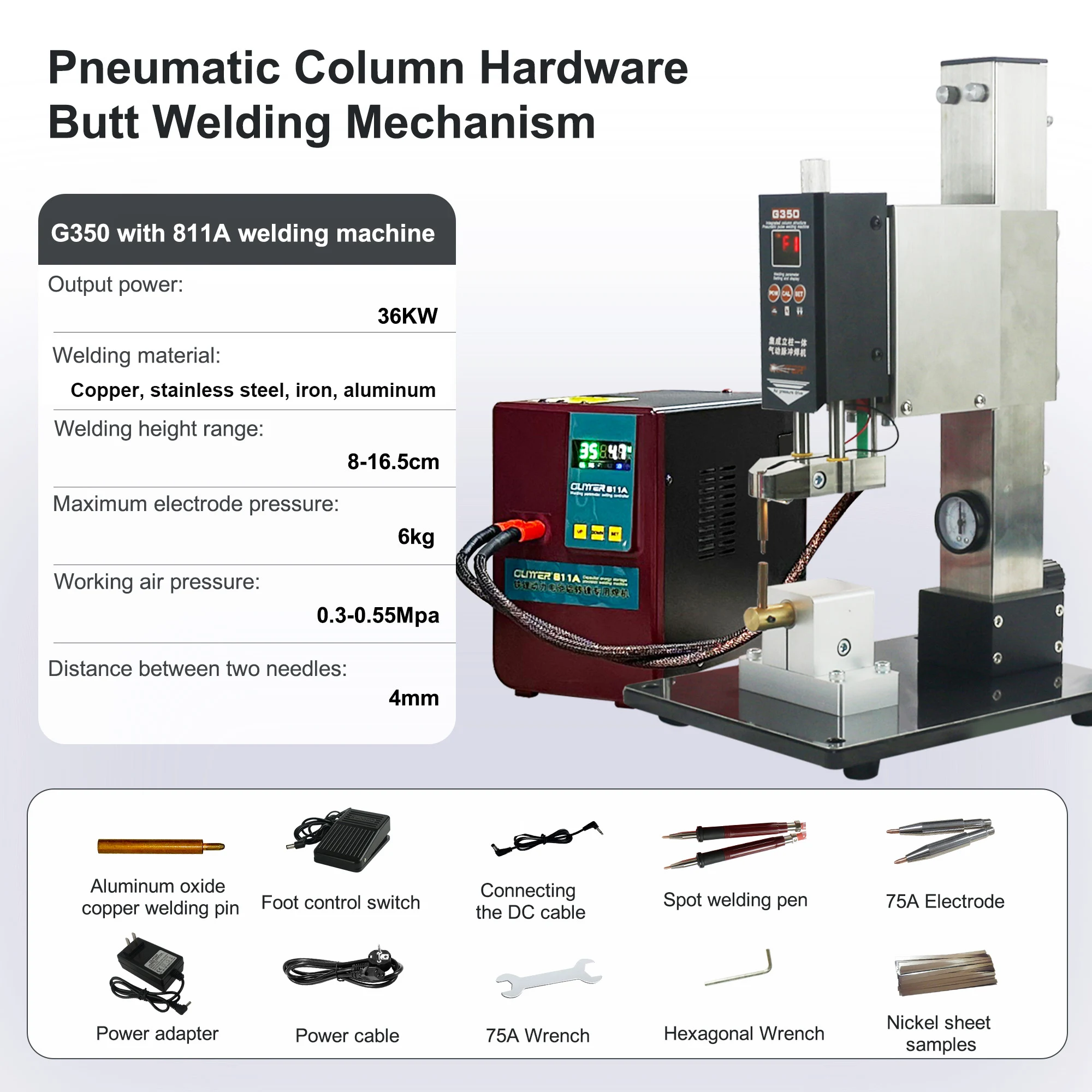 High Force Opposed Weld Head Butt Welding Glitter G350 Series G-350 Precision Integrated Column Pneumatic Pulse Welding Machine
High Force Opposed Weld Head Butt Welding Glitter G350 Series G-350 Precision Integrated Column Pneumatic Pulse Welding Machine