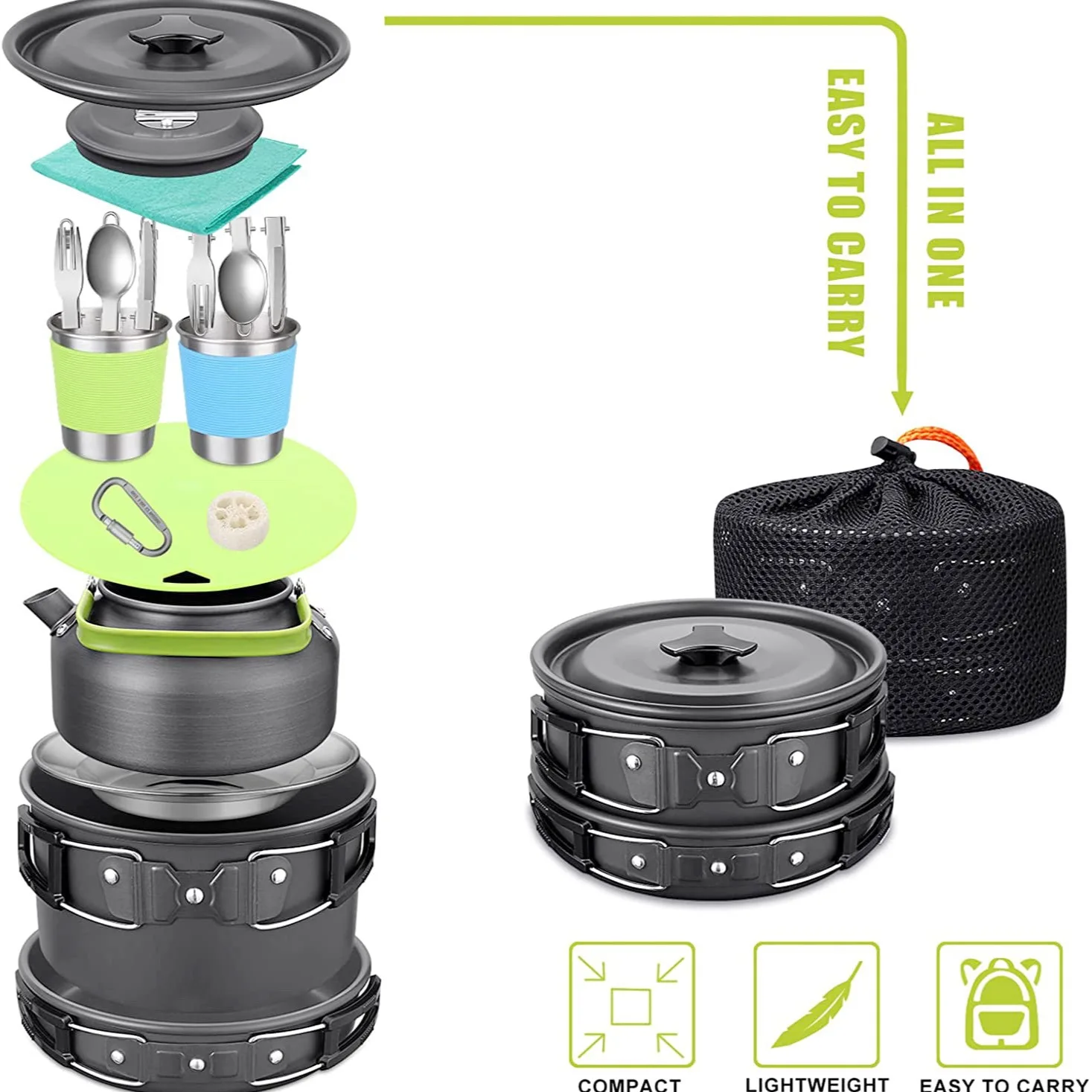 Outdoor Camping Cook Set with Kettle, 304 Stainless Steel Tableware, Lightweight Backpacking Gear
Outdoor Camping Cook Set with Kettle, 304 Stainless Steel Tableware, Lightweight Backpacking Gear