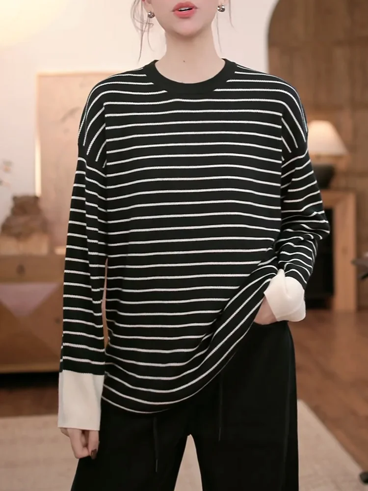 Fashionable Loose Black Stripe T-Shirt Women's Autumn New plus Size round Neck Long Sleeve Casual Style Comfortable Fit Top
Fashionable Loose Black Stripe T-Shirt Women's Autumn New plus Size round Neck Long Sleeve Casual Style Comfortable Fit Top