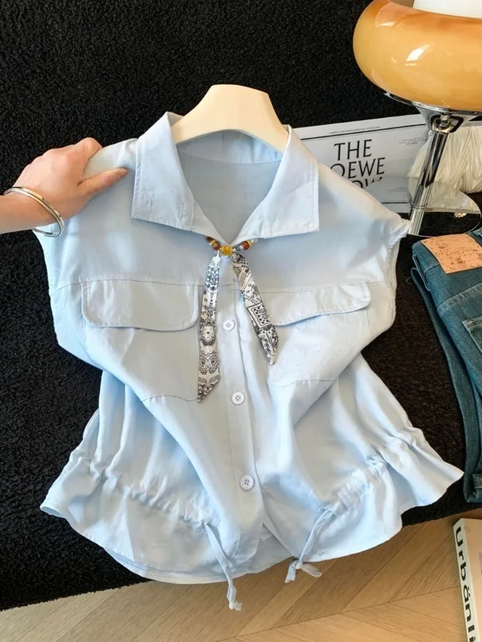 Blue Polka Dot Short Sleeve Shirt Women's Summer 2026 New Design Drawstring Waist Cinch Sleeveless Top Korean Style Loose Fit
Blue Polka Dot Short Sleeve Shirt Women's Summer 2026 New Design Drawstring Waist Cinch Sleeveless Top Korean Style Loose Fit