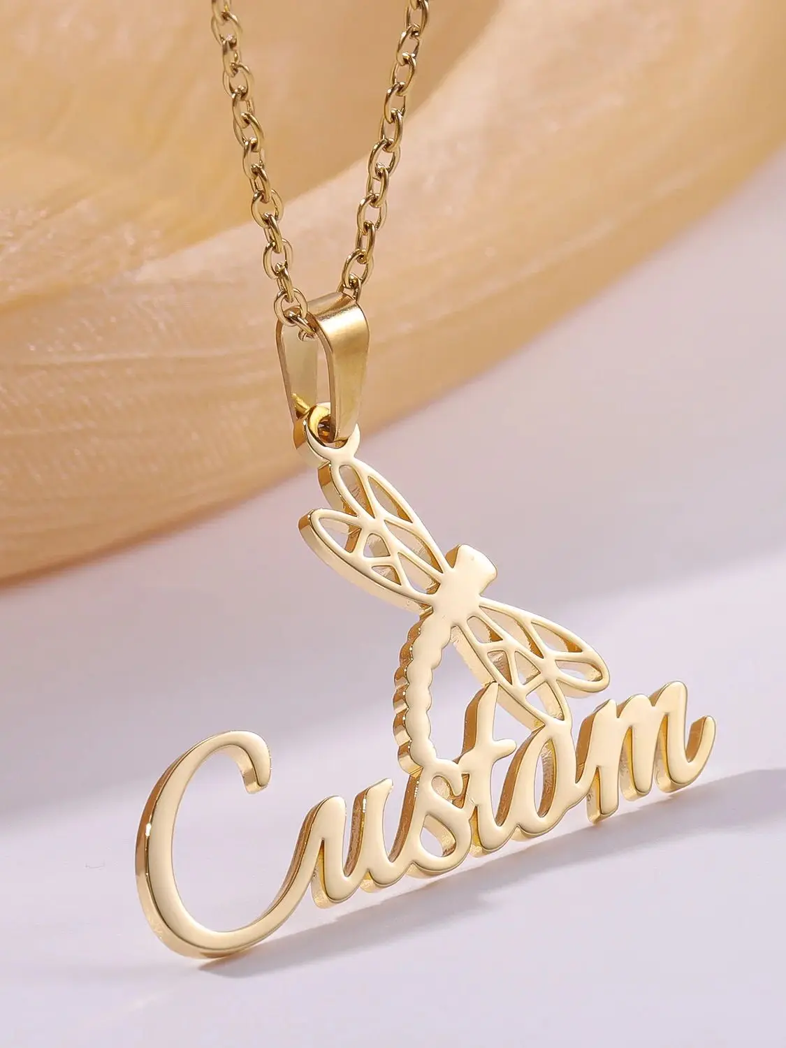 Personalized Name Necklace 18K Gold Plated Stainless Steel Dragonfly Pendant Custom Nameplate Jewelry Gift for Women
Personalized Name Necklace 18K Gold Plated Stainless Steel Dragonfly Pendant Custom Nameplate Jewelry Gift for Women