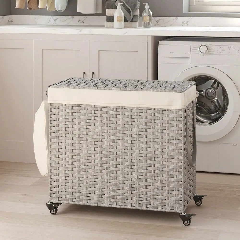 42.3 Gallon Rolling Laundry Basket With Lid, 3Section Synthetic Rattan Laundry Hamper With Removable Liner, 27.6x14.2x26 Inches
42.3 Gallon Rolling Laundry Basket With Lid, 3Section Synthetic Rattan Laundry Hamper With Removable Liner, 27.6x14.2x26 Inches