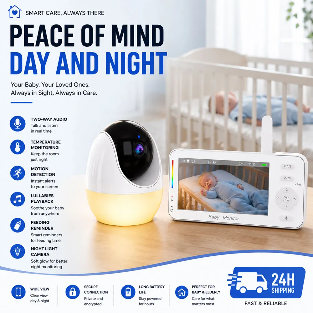 WiFi Baby Monitor 4.3" Display+App Dual Control Nanny Night Vision Lullabies Feeding Reminder Night Light PTZ Baby Camera
WiFi Baby Monitor 4.3" Display+App Dual Control Nanny Night Vision Lullabies Feeding Reminder Night Light PTZ Baby Camera