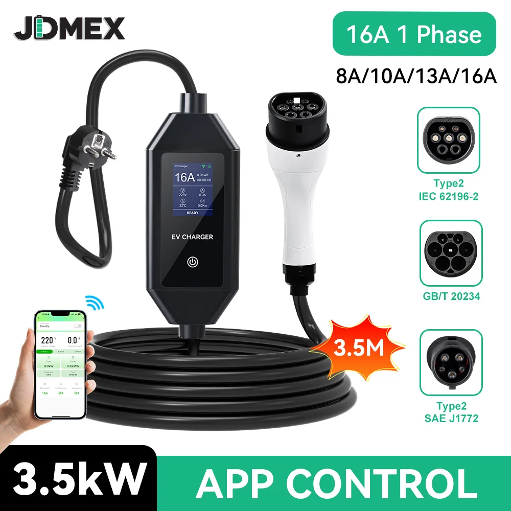JDMEX Type2 EV Charger 3.5KW Portable Charger Type1 GBT 16A 1Phase Wallbox EVSE Charger WiFi APP Control 3.5M for Electric Car
JDMEX Type2 EV Charger 3.5KW Portable Charger Type1 GBT 16A 1Phase Wallbox EVSE Charger WiFi APP Control 3.5M for Electric Car