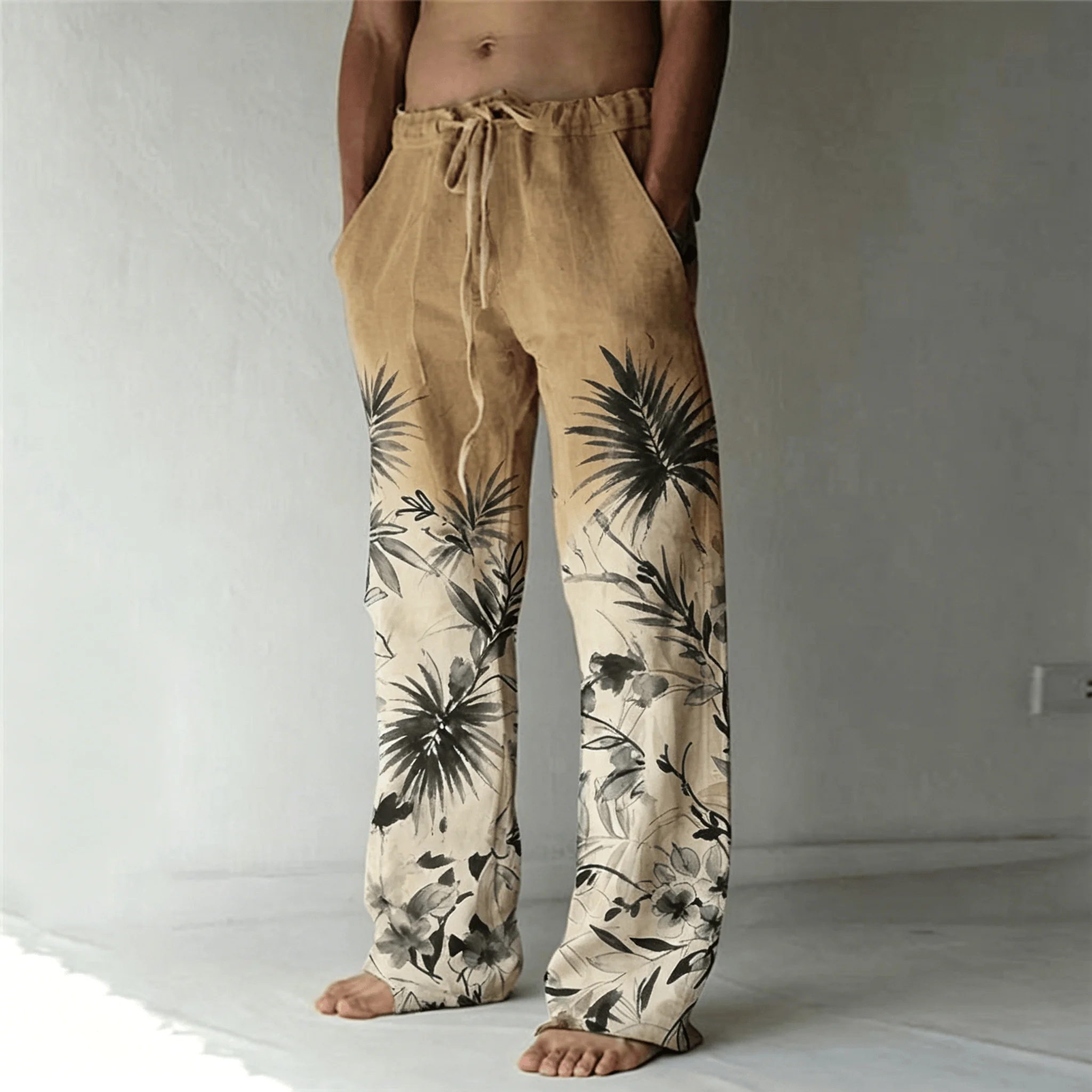 Men's Ink Wash Palm Leaf Print Drawstring Wide Leg Pants, Vintage Botanical Straight Pants for Spring & Summer
Men's Ink Wash Palm Leaf Print Drawstring Wide Leg Pants, Vintage Botanical Straight Pants for Spring & Summer