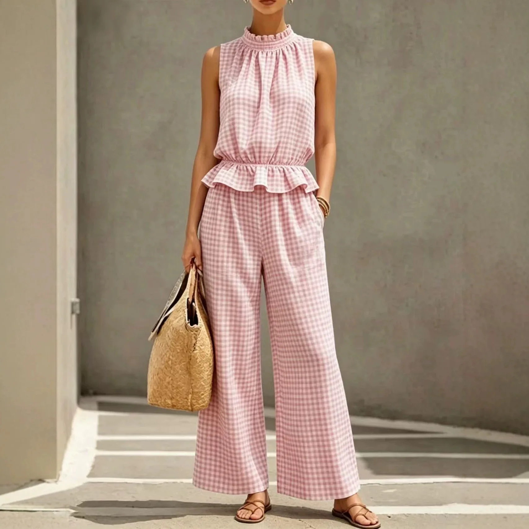 Elegant Plaid Print Two-piece Set Fashion O Neck Sleeveless RuffleTop Wide-leg Trousers 2piece Set Summer beach vacation Outfit
Elegant Plaid Print Two-piece Set Fashion O Neck Sleeveless RuffleTop Wide-leg Trousers 2piece Set Summer beach vacation Outfit