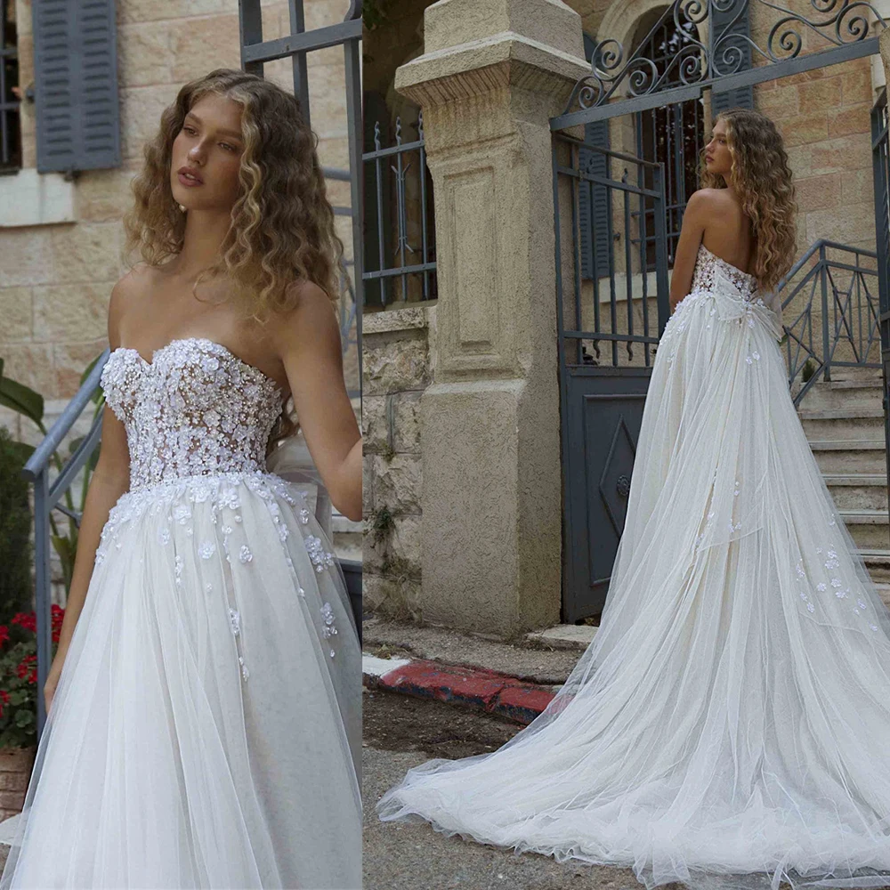 Charming 3D Flower Lace Applique Bridal Grown A Line Wedding Dresses Sweep Train Custom Vestido De Noival
Charming 3D Flower Lace Applique Bridal Grown A Line Wedding Dresses Sweep Train Custom Vestido De Noival