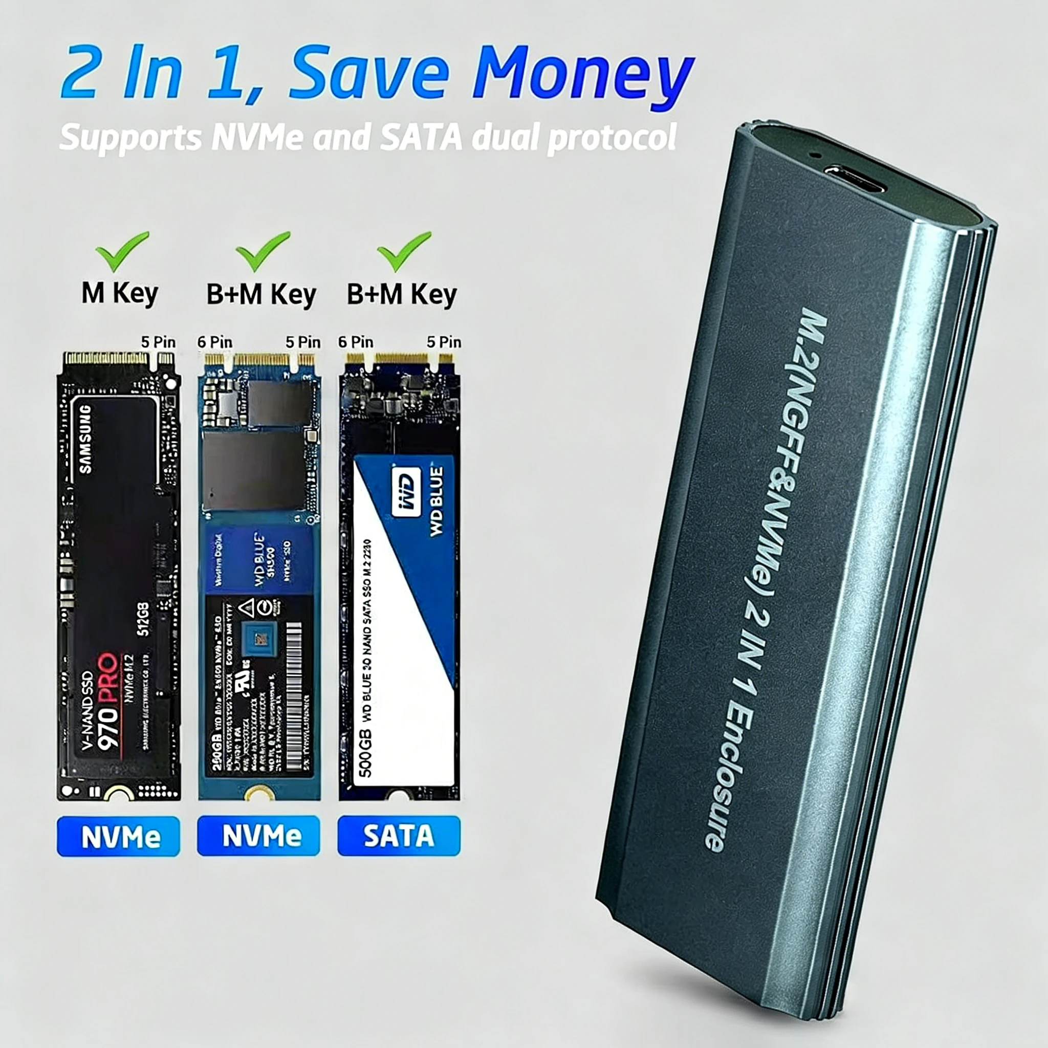 Aluminum Alloy 2-in-1 Portable External SSD Enclosure, Type-C to Type-C & USB-A to Type-C Dual Cables, 10Gbps High Speed
Aluminum Alloy 2-in-1 Portable External SSD Enclosure, Type-C to Type-C & USB-A to Type-C Dual Cables, 10Gbps High Speed
