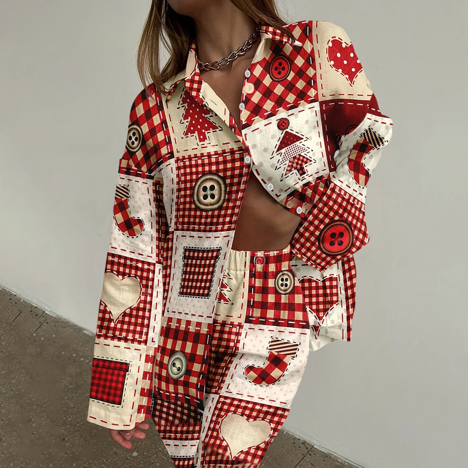 Women 2 Piece Pajamas Set Christmas Print Long Sleeves Button Shirt and Elastic Pants for Loungewear Soft Sleepwear
Women 2 Piece Pajamas Set Christmas Print Long Sleeves Button Shirt and Elastic Pants for Loungewear Soft Sleepwear