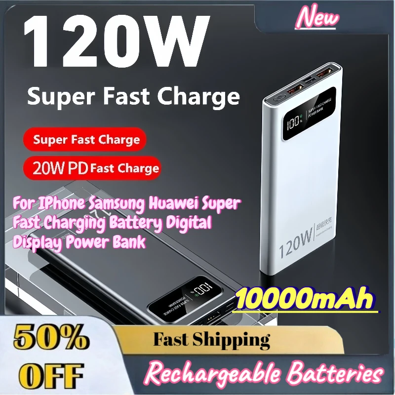 High Capacity Upgrade 10000mAh 120W Power Bank for IPhone Samsung Huawei Super Fast Charging Battery Digital Display Power Bank
High Capacity Upgrade 10000mAh 120W Power Bank for IPhone Samsung Huawei Super Fast Charging Battery Digital Display Power Bank