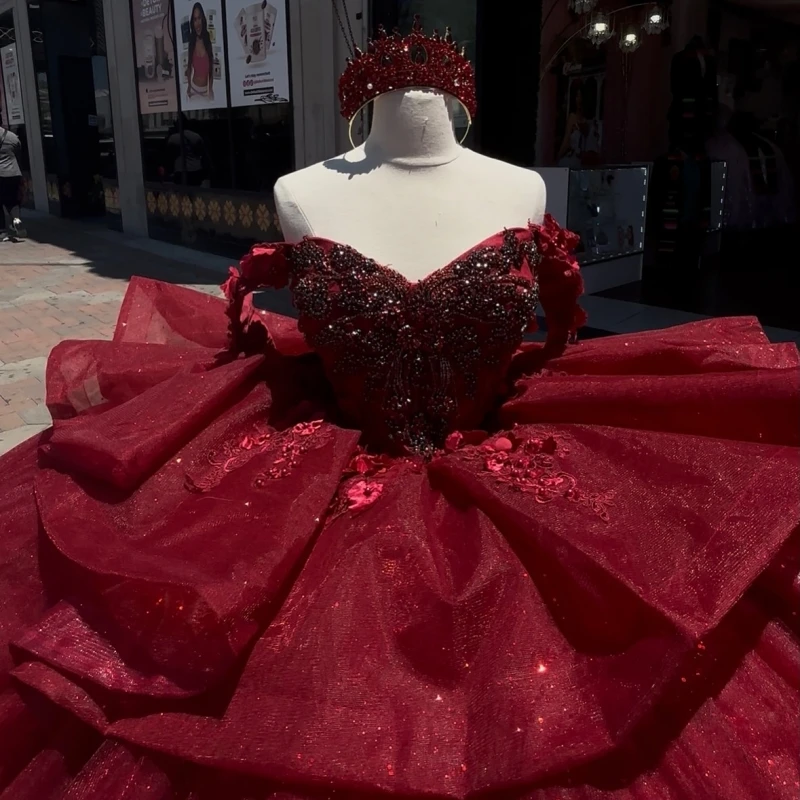 Red Shiny Ball Gown Quinceanera Dresses Applique Flower Beading Crystal Bow Tiered Tull Corset Off The Shoulder Sweet 16 Dress
Red Shiny Ball Gown Quinceanera Dresses Applique Flower Beading Crystal Bow Tiered Tull Corset Off The Shoulder Sweet 16 Dress