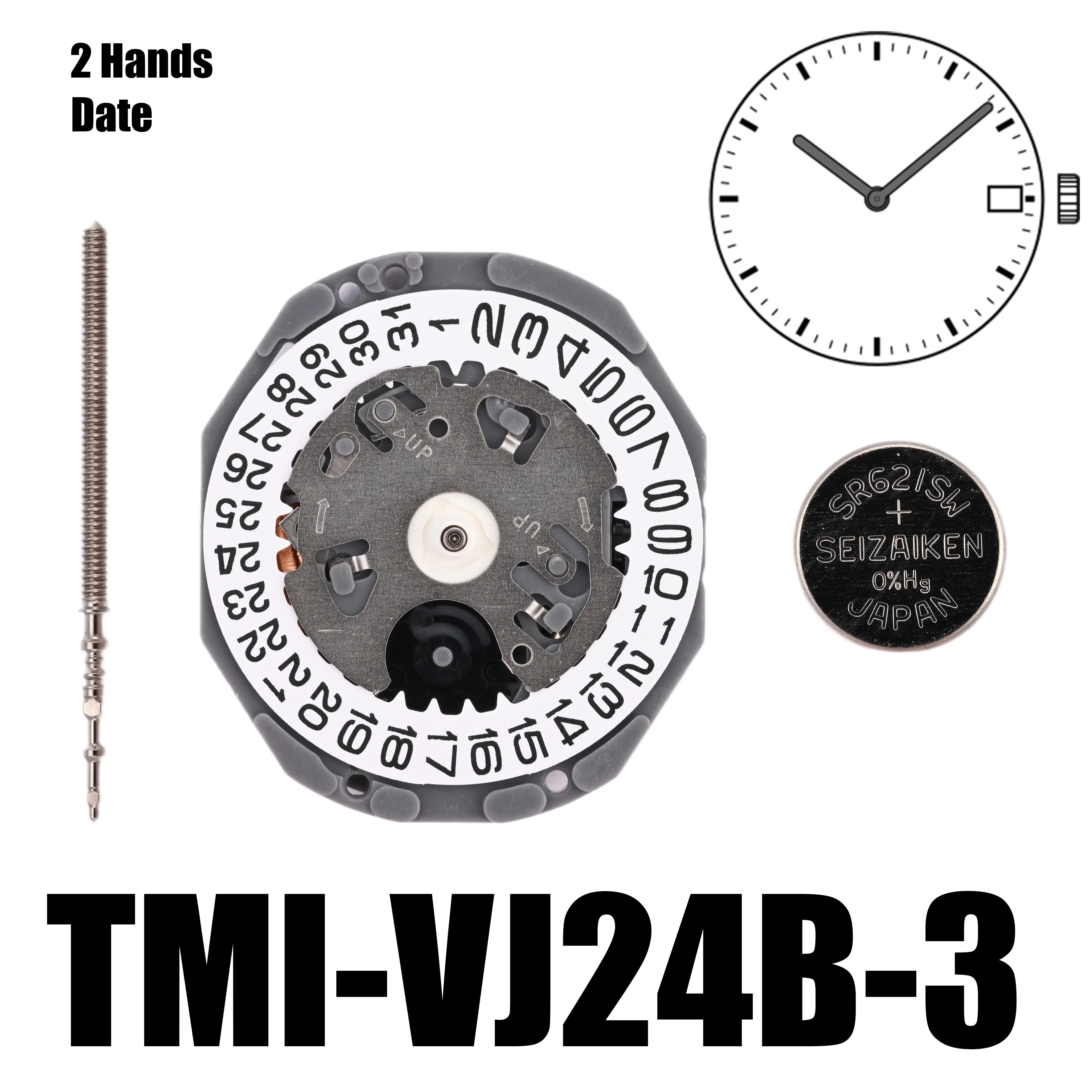 VJ24 Movement TMI VJ24B MovementSlim/Small - VJ24B-3 Quartz Movement 2 hands / date Size: 6 ¾X8‴ Height: 2.71mm
VJ24 Movement TMI VJ24B MovementSlim/Small - VJ24B-3 Quartz Movement 2 hands / date Size: 6 ¾X8‴ Height: 2.71mm