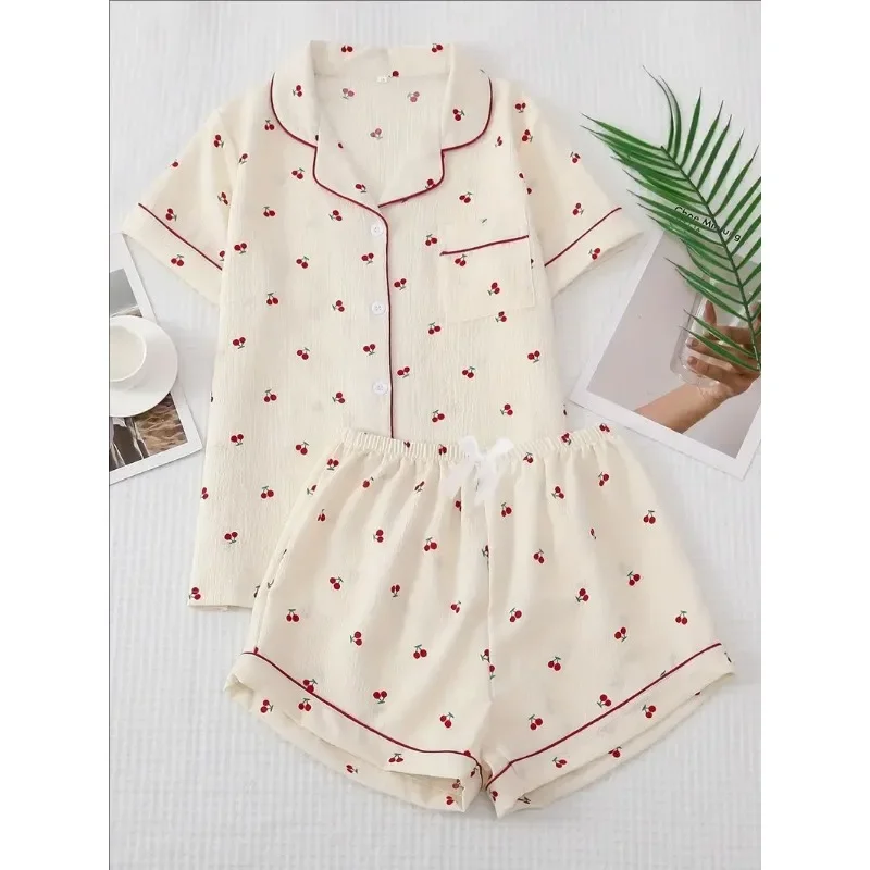 Four Seasons Women Nightwear Cherry Print Cardigan Loungewear Short Sleeve Shorts Girl Sweet Korean Fashion Pajamas Homewear
Four Seasons Women Nightwear Cherry Print Cardigan Loungewear Short Sleeve Shorts Girl Sweet Korean Fashion Pajamas Homewear