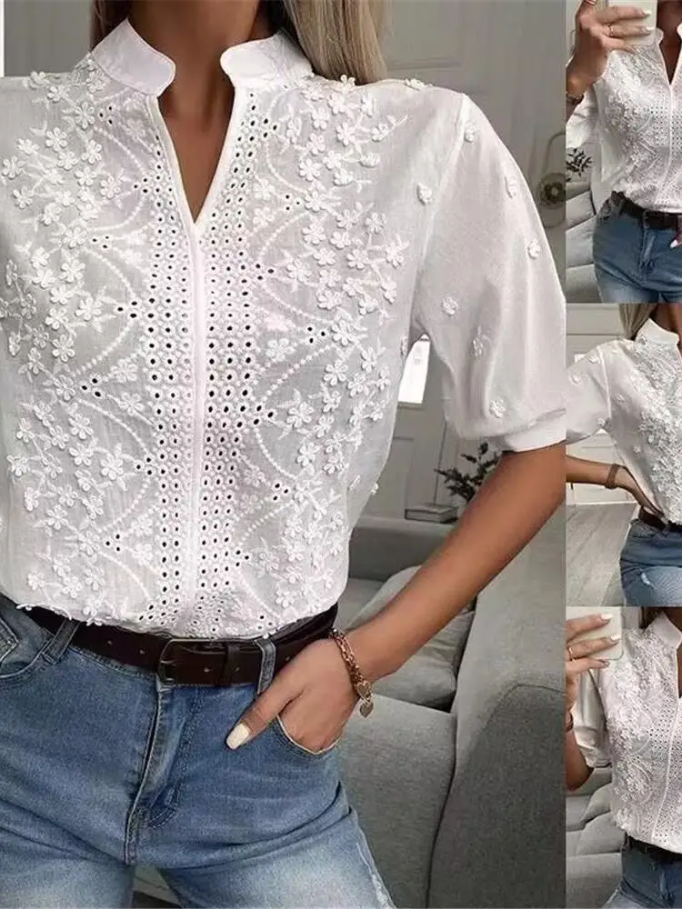 Women's Cleanfit Style Cotton Shirt V-neck Stand Collar Embroidered Lace Top Short Sleeve Deformable Summer Wish New Arrival
Women's Cleanfit Style Cotton Shirt V-neck Stand Collar Embroidered Lace Top Short Sleeve Deformable Summer Wish New Arrival