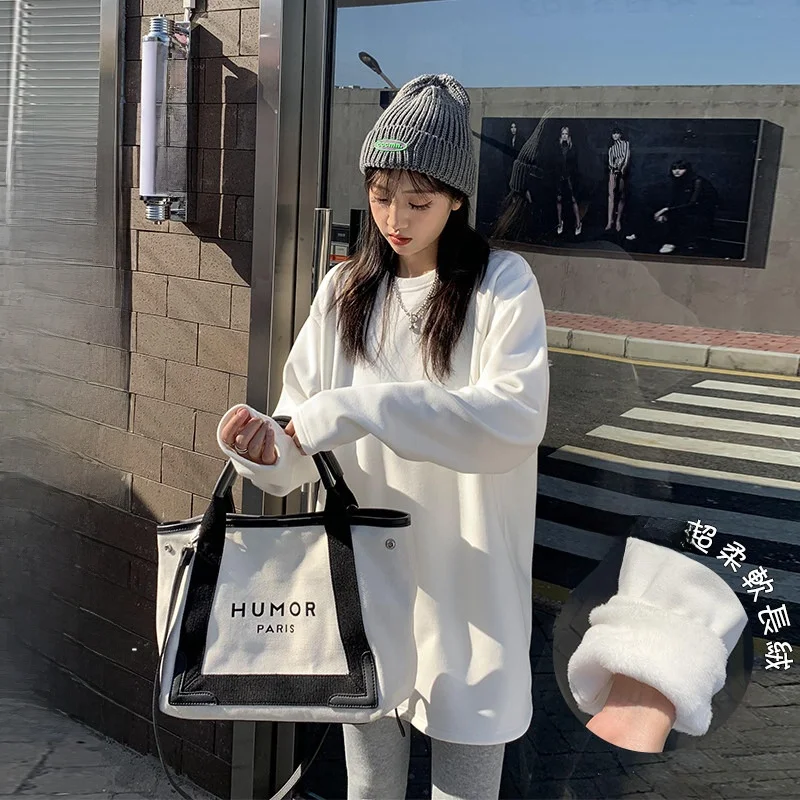 Белая свободная футболка с длинным рукавом на флисовой подкладке, удобный базовый слой, корейский стиль, круглый вырез, средней длины, повседневный топ
Белая свободная футболка с длинным рукавом на флисовой подкладке, удобный базовый слой, корейский стиль, круглый вырез, средней длины, повседневный топ