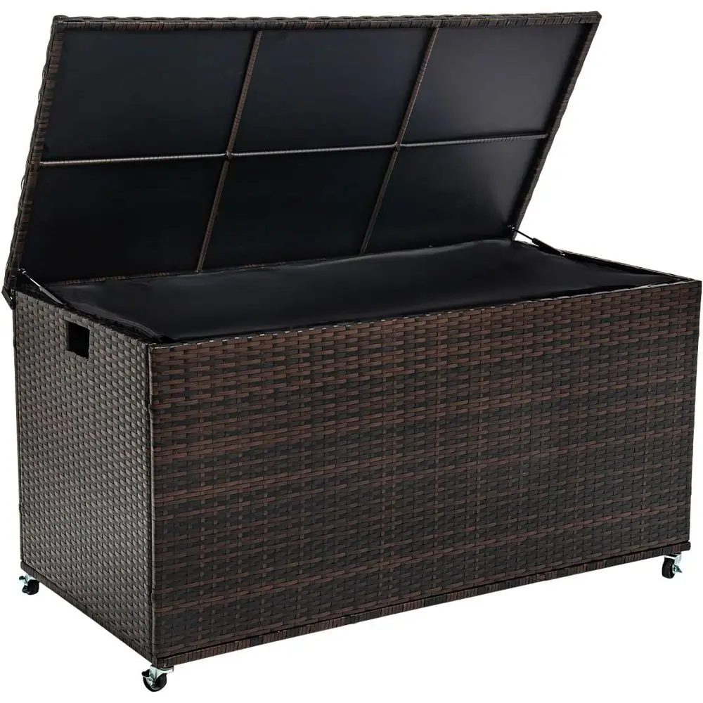 170 Gallon Weather-Resistant Wicker Storage Box with Wheels, Outdoor Patio Deck Box with Hinged Lid, Brown
170 Gallon Weather-Resistant Wicker Storage Box with Wheels, Outdoor Patio Deck Box with Hinged Lid, Brown