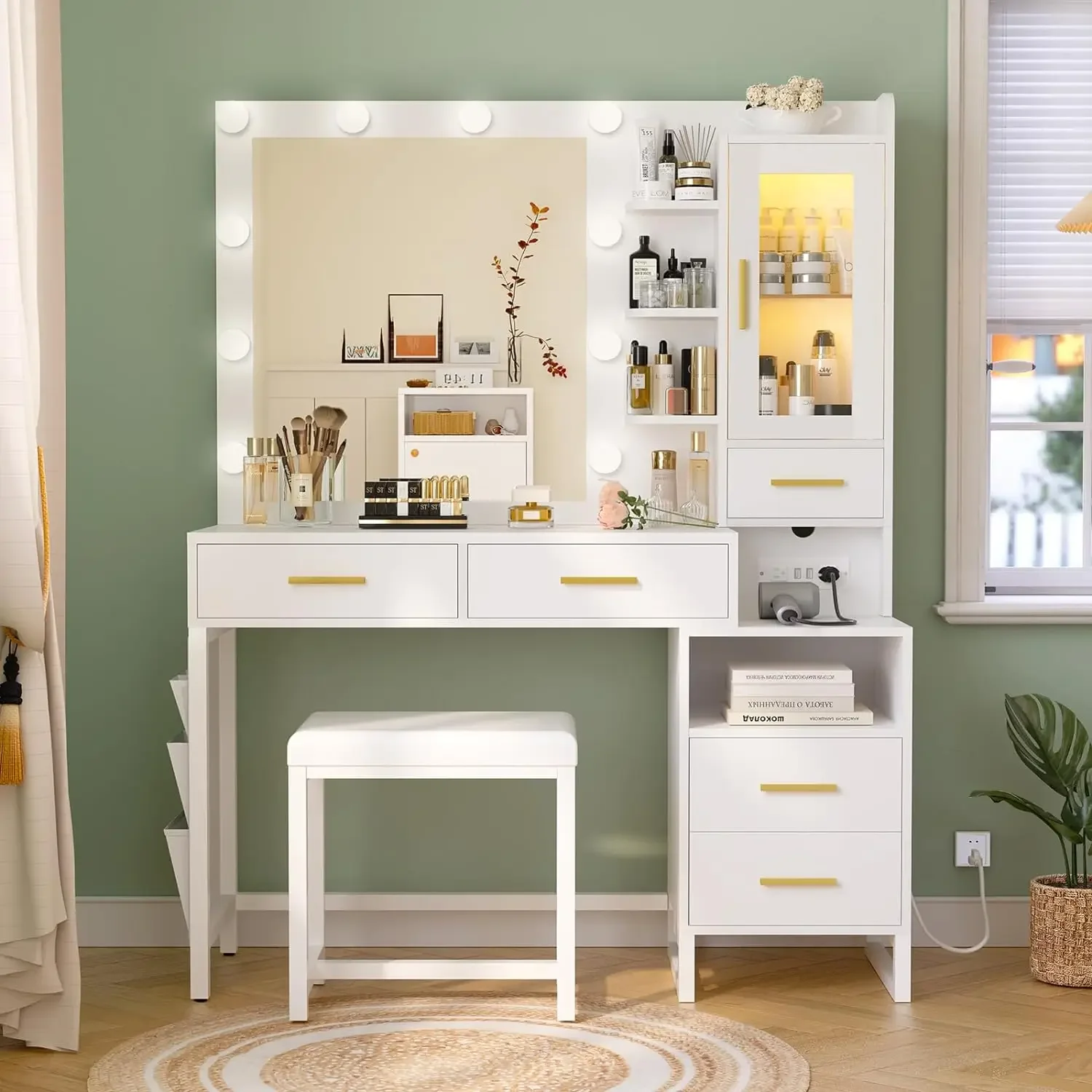 Makeup Vanity Desk with Mirror and Lights & Charging Station White Vanity Makeup Table Set RGB LED Cabinet
Makeup Vanity Desk with Mirror and Lights & Charging Station White Vanity Makeup Table Set RGB LED Cabinet