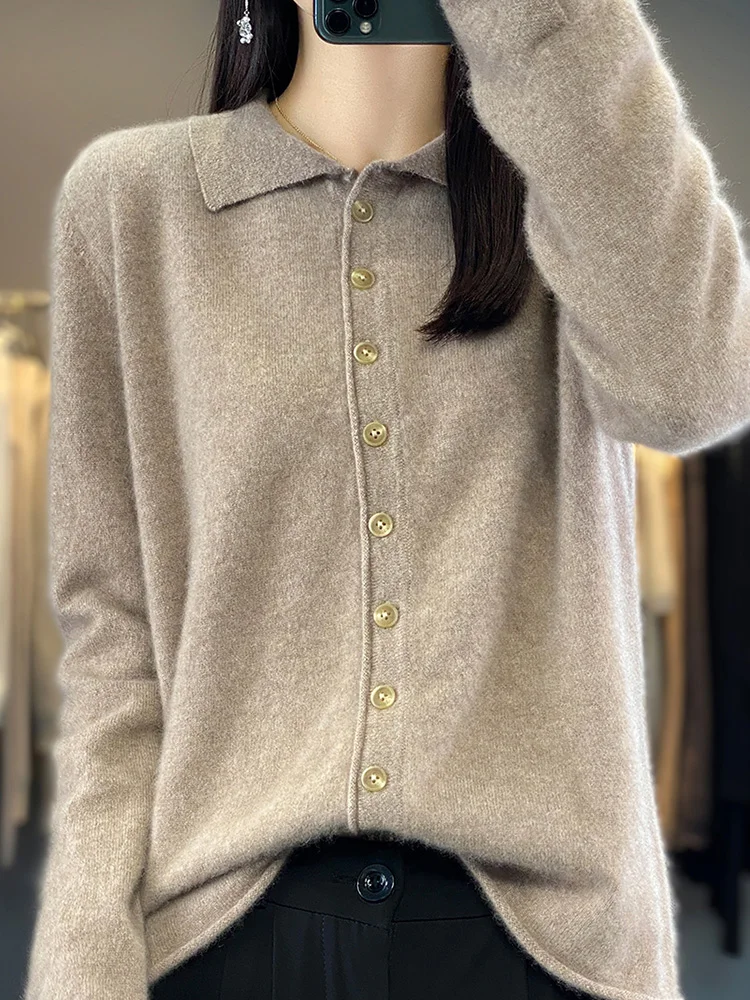 New Women Wool Cardigan Autumn Winter POLO Collar Long Sleeve Button Knit Sweater 100% Merino Wool Knitwear Fashion Shirt
New Women Wool Cardigan Autumn Winter POLO Collar Long Sleeve Button Knit Sweater 100% Merino Wool Knitwear Fashion Shirt