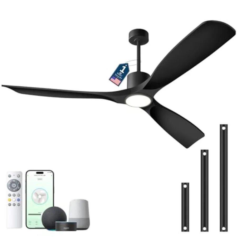 Outdoor ceiling fan with 3 blades, black finish, 60-inch diameter, 3-color light, 6-speed quiet reversible DC motor, compatible
Outdoor ceiling fan with 3 blades, black finish, 60-inch diameter, 3-color light, 6-speed quiet reversible DC motor, compatible