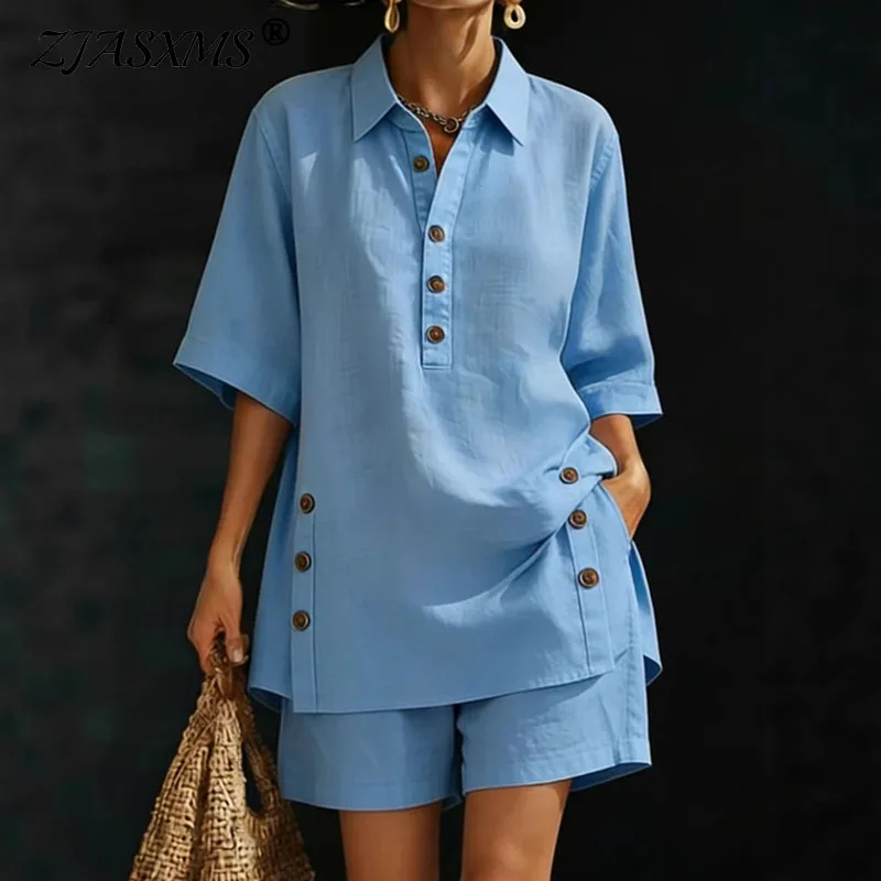 Spring Summer Vacation Beach Two-piece Shorts Set Fashion Lapel Short Sleeve T-shirts Women's Suit Elegant Button Design Outfits
Spring Summer Vacation Beach Two-piece Shorts Set Fashion Lapel Short Sleeve T-shirts Women's Suit Elegant Button Design Outfits
