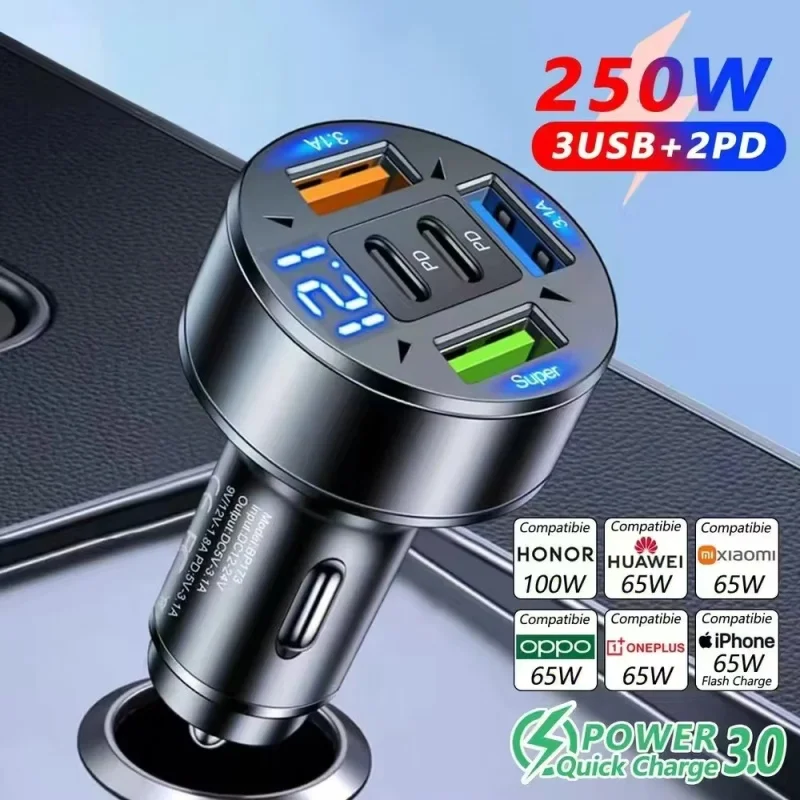 250W 5-in-1 PD QC3.0 Car Charger Fast Charging USB C for IPhone,Samsung Galaxy, IPad Pro, Multi-Port Cigarette Lighter Adapter
250W 5-in-1 PD QC3.0 Car Charger Fast Charging USB C for IPhone,Samsung Galaxy, IPad Pro, Multi-Port Cigarette Lighter Adapter
