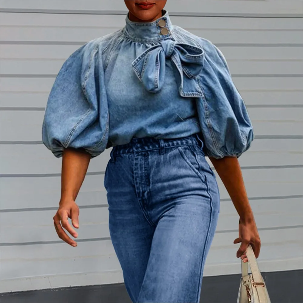 Spring Summer New Gradient Denim Short-sleeved Tops Fashion Semi-high Neck Bow Loose Versatile Elegant Female Denim Tops 2025
Spring Summer New Gradient Denim Short-sleeved Tops Fashion Semi-high Neck Bow Loose Versatile Elegant Female Denim Tops 2025