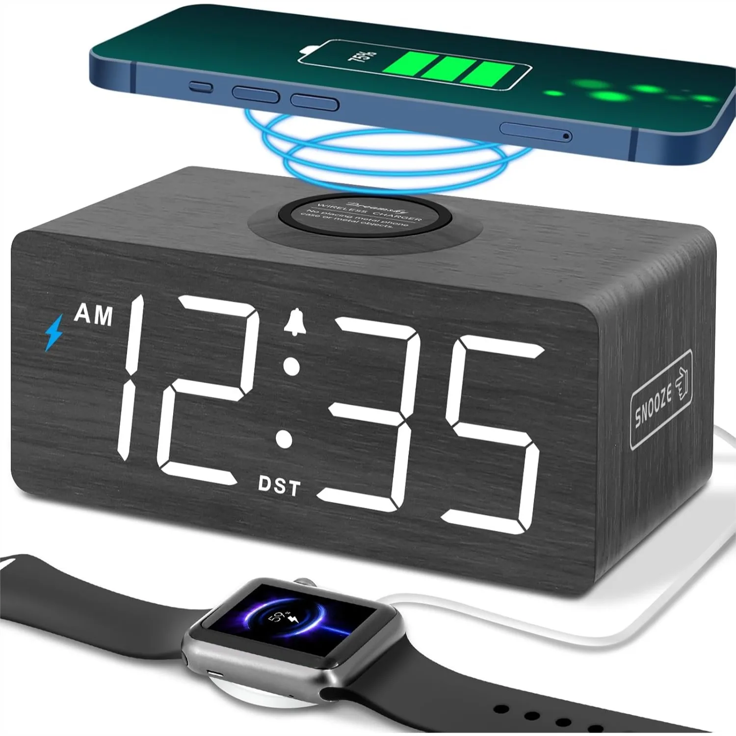 Wooden Digital Alarm Clock with Wireless Charging for Bedroom, Large Numbers, Adjustable Brightness
Wooden Digital Alarm Clock with Wireless Charging for Bedroom, Large Numbers, Adjustable Brightness