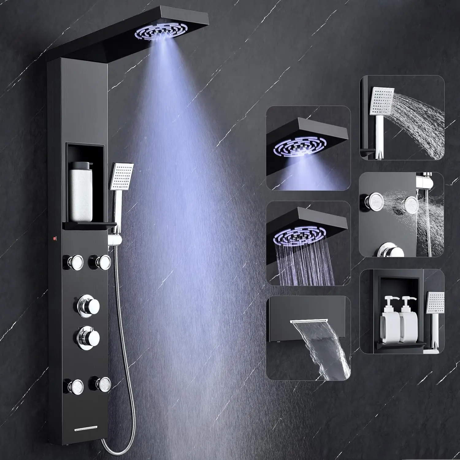 50 Shower Panel Tower System with Rainfall Mist Shower Head Body Jets Handheld Tub Spout and Shelf Stainless Shower Column
50 Shower Panel Tower System with Rainfall Mist Shower Head Body Jets Handheld Tub Spout and Shelf Stainless Shower Column