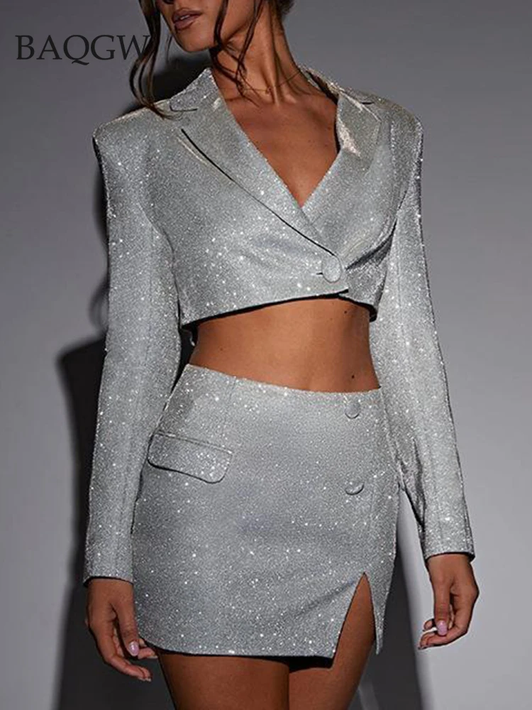 Sliver Spliced Sequins Two 2 Piece Sets for Women Lapel Long Sleeve Top High Waist Bodycon Mini Skirt Office Lady Set Fashion
Sliver Spliced Sequins Two 2 Piece Sets for Women Lapel Long Sleeve Top High Waist Bodycon Mini Skirt Office Lady Set Fashion