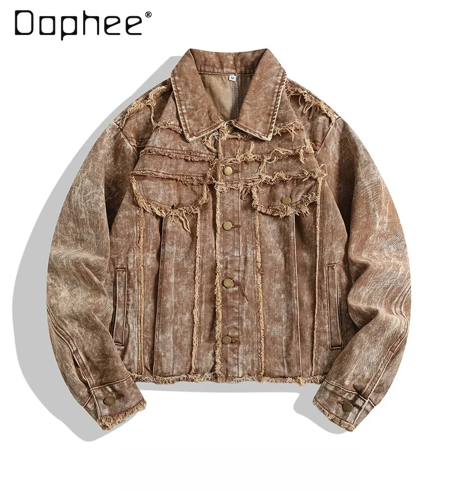 Men's Amercian Retro Style Washed Denim Jacket with Raw Edges Casual Loose Button Up Streetwear Coat for Spring and Autumn
Men's Amercian Retro Style Washed Denim Jacket with Raw Edges Casual Loose Button Up Streetwear Coat for Spring and Autumn