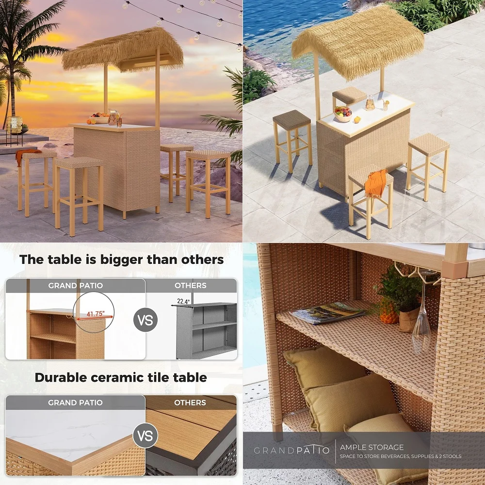 Outdoor Tiki Bar Set with Widen Ceramic Top 42 W, Phuket 5Piece Wicker Islander Tiki Bar and 4 Stools Storage for Garden, Natur
Outdoor Tiki Bar Set with Widen Ceramic Top 42 W, Phuket 5Piece Wicker Islander Tiki Bar and 4 Stools Storage for Garden, Natur