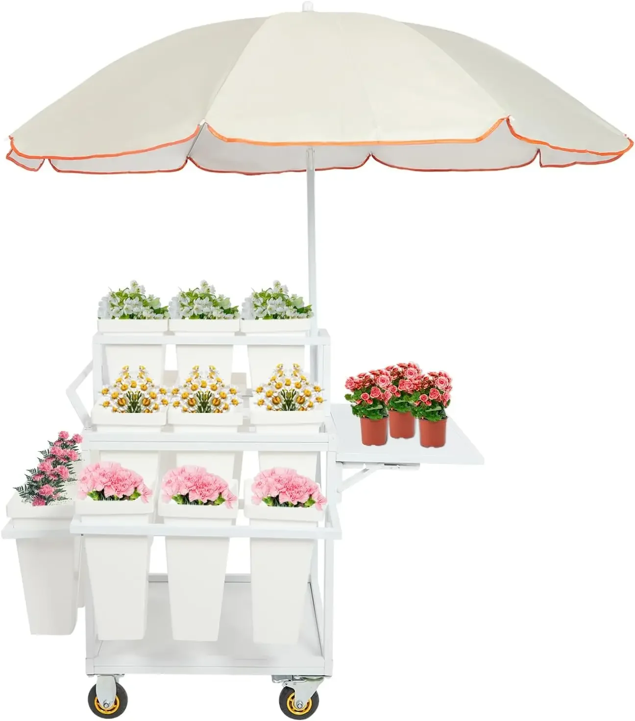 Metal Flower Cart Stand With Wheels 18 Buckets Parasols Moving Display For Outdoor Garden Patio Wedding Party
Metal Flower Cart Stand With Wheels 18 Buckets Parasols Moving Display For Outdoor Garden Patio Wedding Party